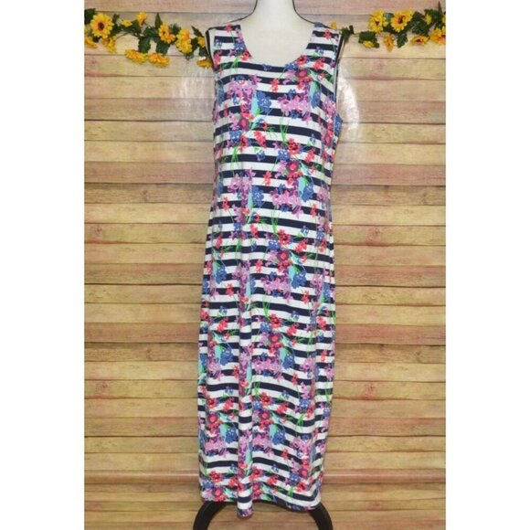 Liz Claiborne Petites LP Striped Floral Sleeveless Maxi Shift Dress Summer Casua - Picture 1 of 10